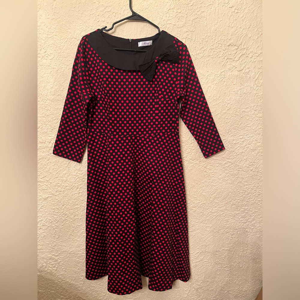 Mixing vintage polka dots red/black dress 3/4 Sleeve crew Neck/ bow sz XXL(S)